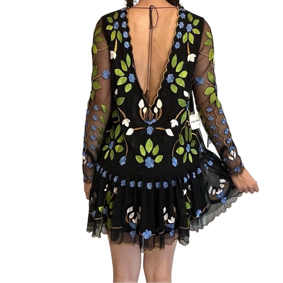 Free People Mini Dress Black Mesh Embroidered Boho Long Sleeve Size Extra Small - Picture 4 of 10